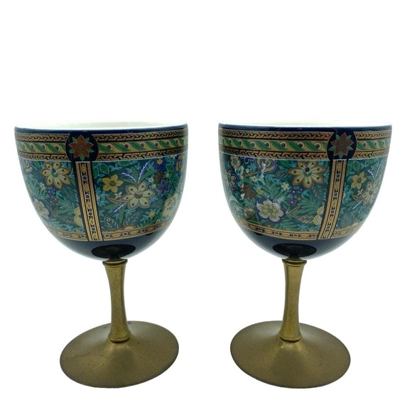 Vintage Pair Kutani‎ Yaki Ware Japan Porcelain Brass Stem Sake Wine Cup Goblet